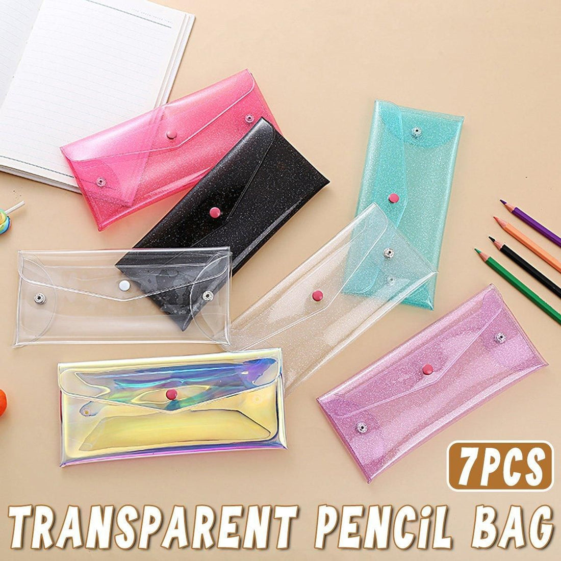 Set of 7 transparent colorful pencil cases with buckles, portable storage bags for kids' pens and pencils by Everything Baby.
