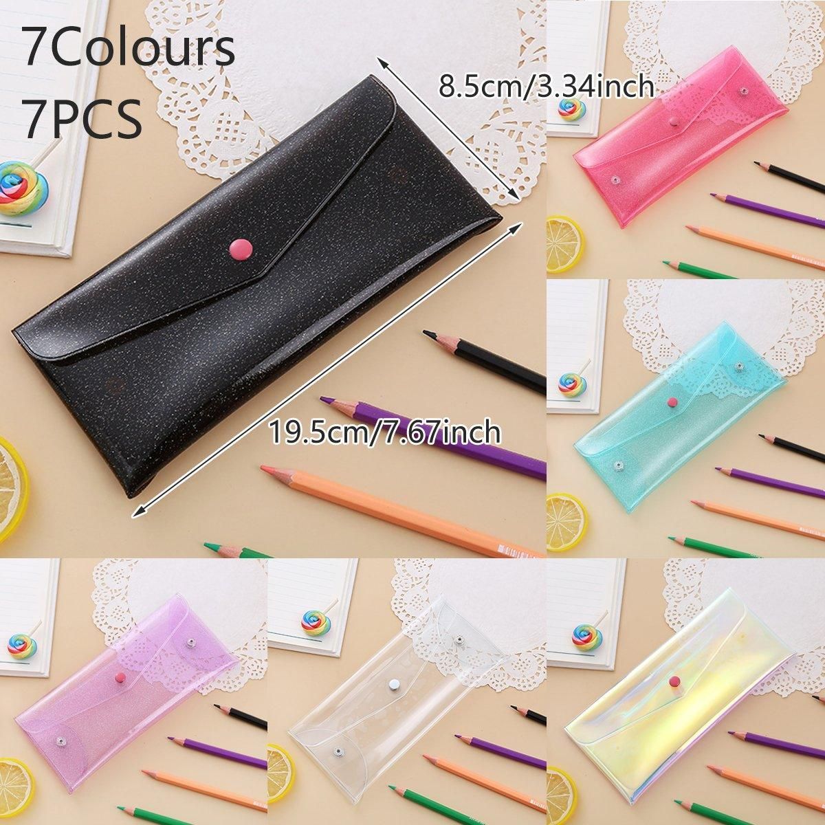 Set of 7 colorful transparent pencil cases with buckles, portable storage bags for kids' pens and pencils, by Everything Baby.