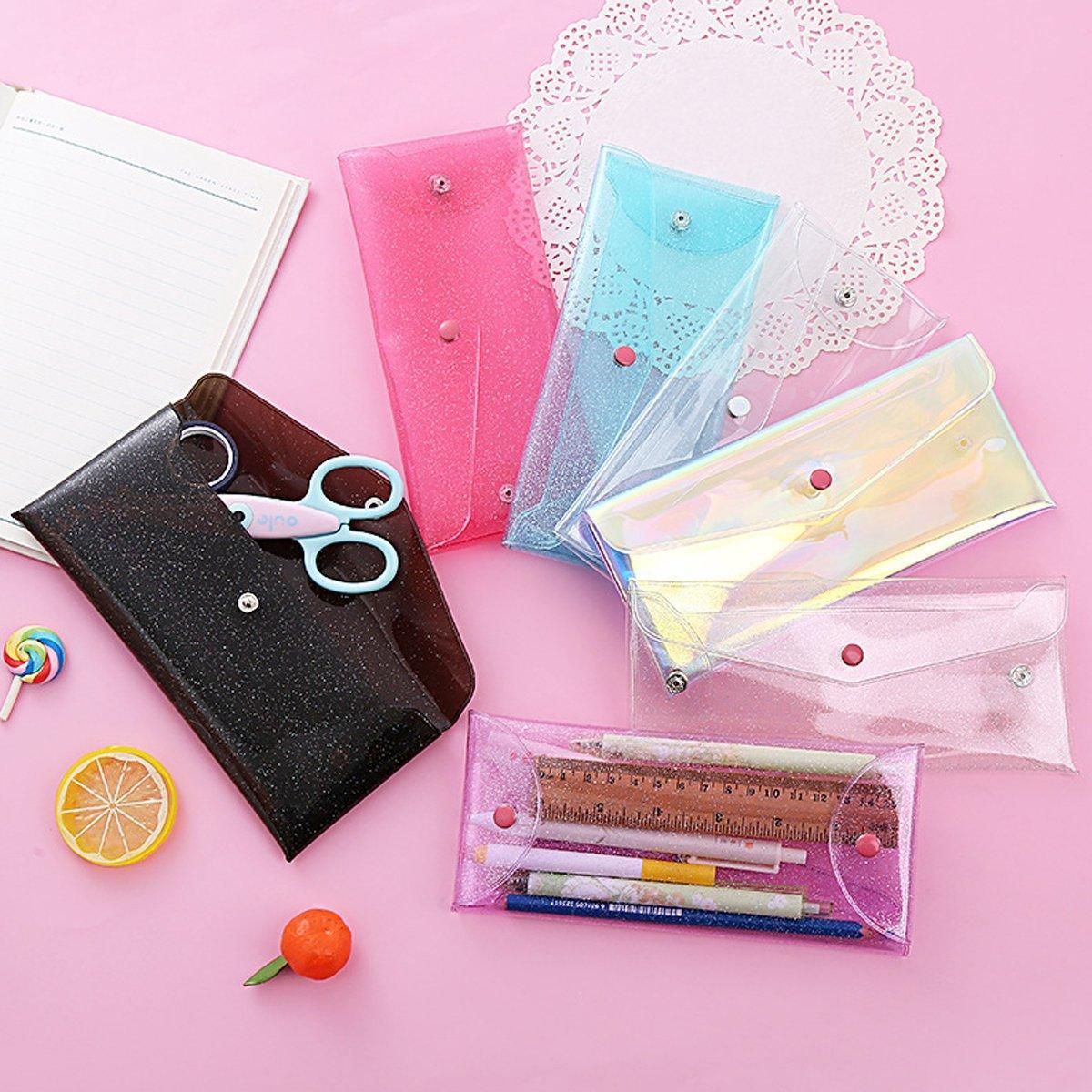 Set of 7 transparent colorful pencil cases with buckles, portable storage bags for kids and baby stationery organization.