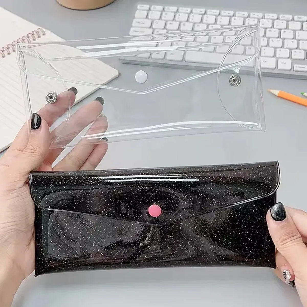 Seven colorful transparent pencil cases with buckles, portable storage bags for kids and baby stationery organization.