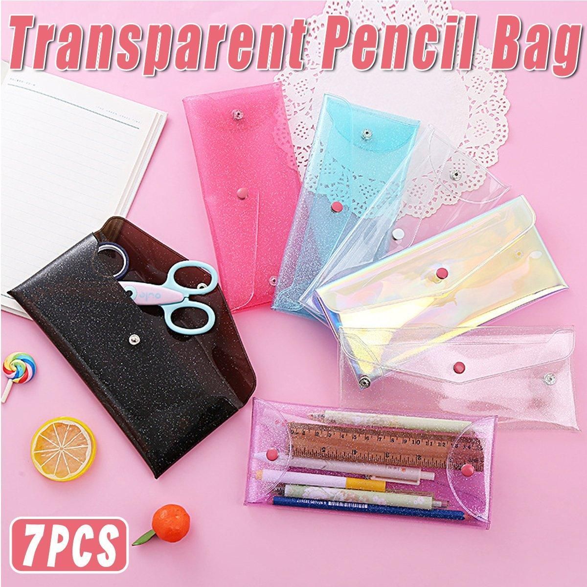 Set of 7 transparent colorful pencil cases with buckles, portable storage bags for kids' pens and pencils by Everything Baby.