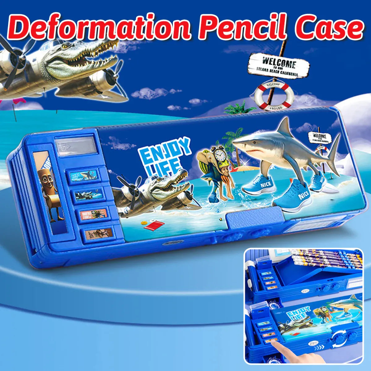Astronaut-themed multifunctional pencil case by Everything Baby with compartments for stationery and school supplies.