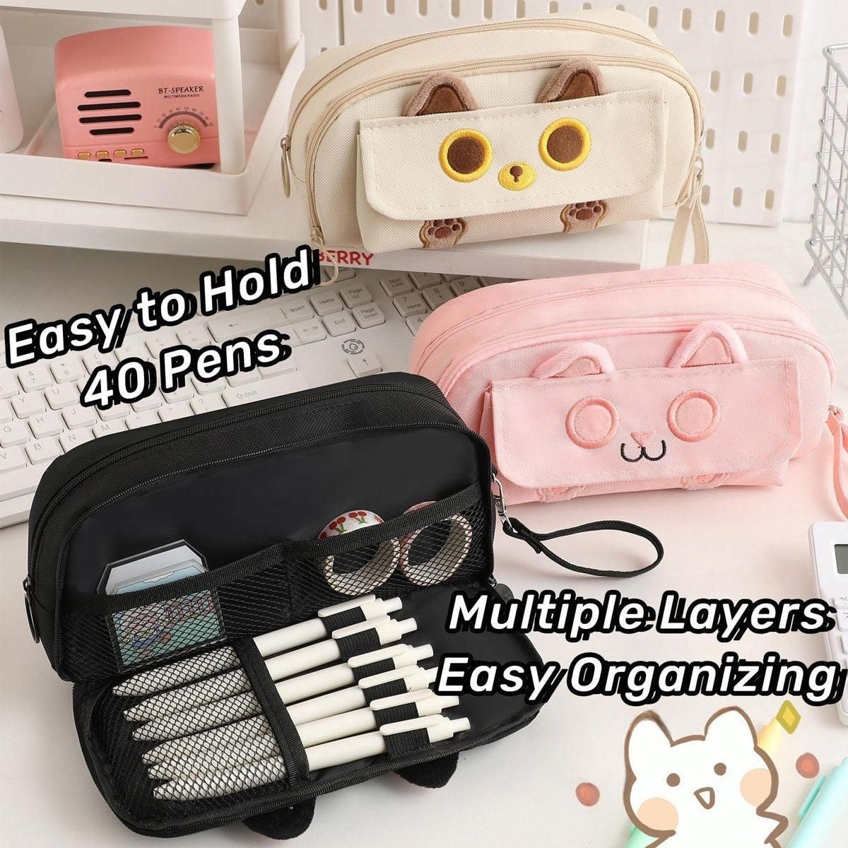 Beige embroidered multifunction pencil case for boys and girls with large capacity, ideal for school supplies and stationery.