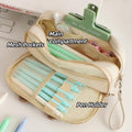 Beige embroidered multifunction pencil case for boys and girls with large capacity, ideal for kids' school supplies.