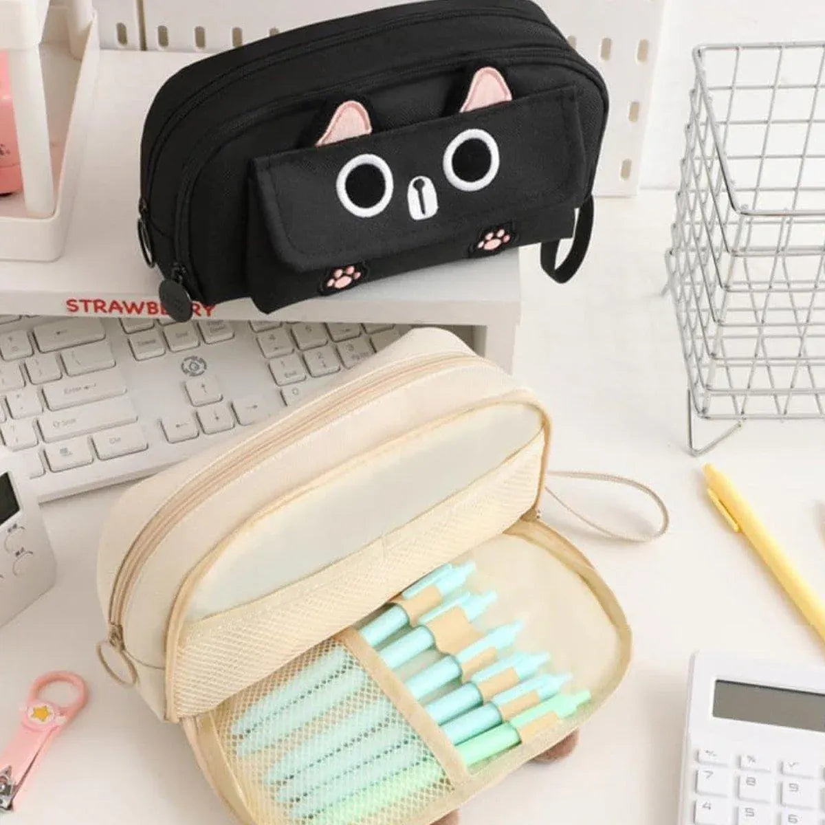 Beige embroidered multifunction pencil case for kids by Everything Baby, large capacity for pens, pencils, and stationery.