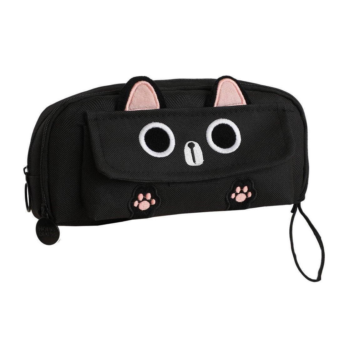 Black embroidered multifunction pencil case for boys and girls with large capacity, ideal for storing pens and school supplies.