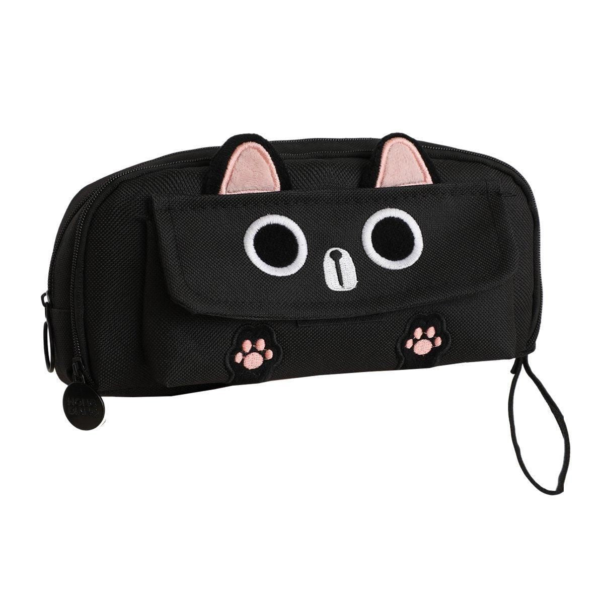 Black embroidered multifunction pencil case for boys and girls with large capacity, ideal for storing pens and school supplies.