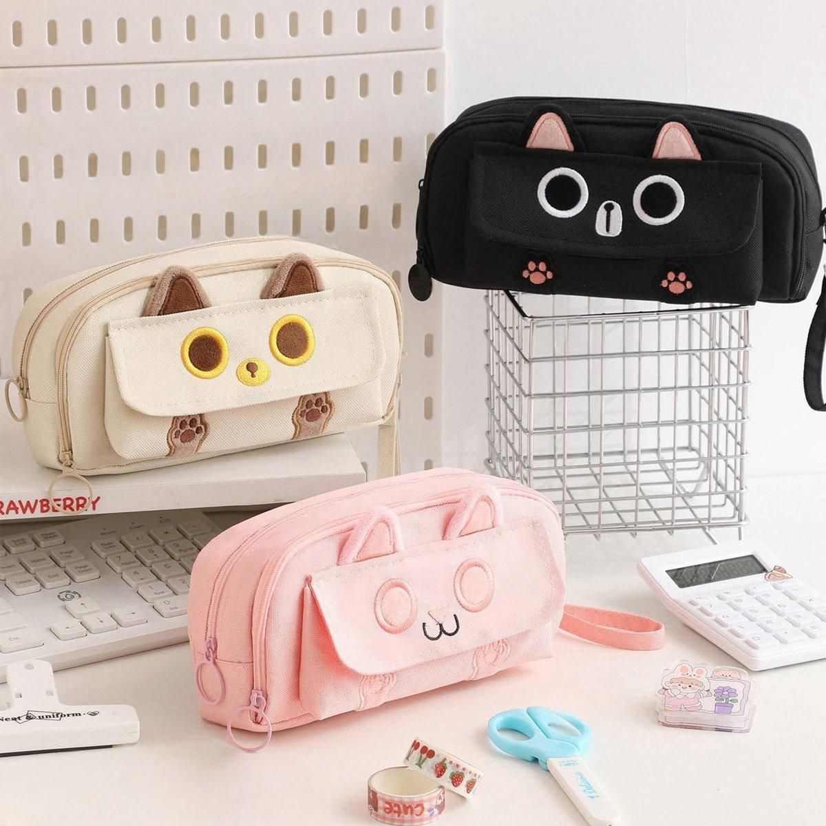 Black multifunction pencil case for boys and girls with embroidered design, large capacity, ideal for school supplies and stationery.