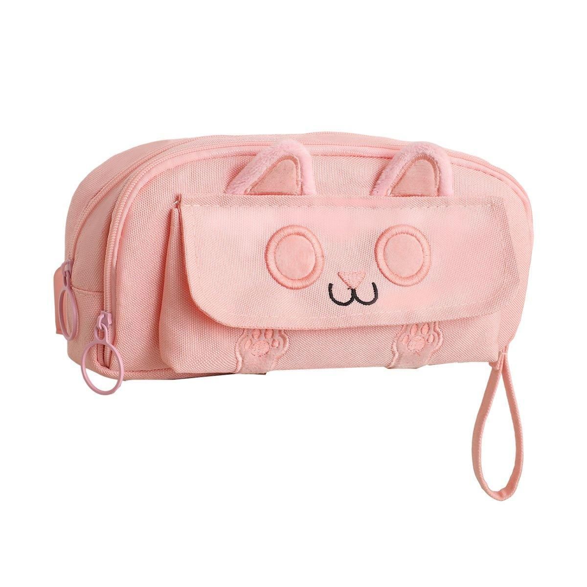 Pink embroidered multifunction pencil case for boys and girls, large capacity storage for pens and pencils, by Everything Baby.
