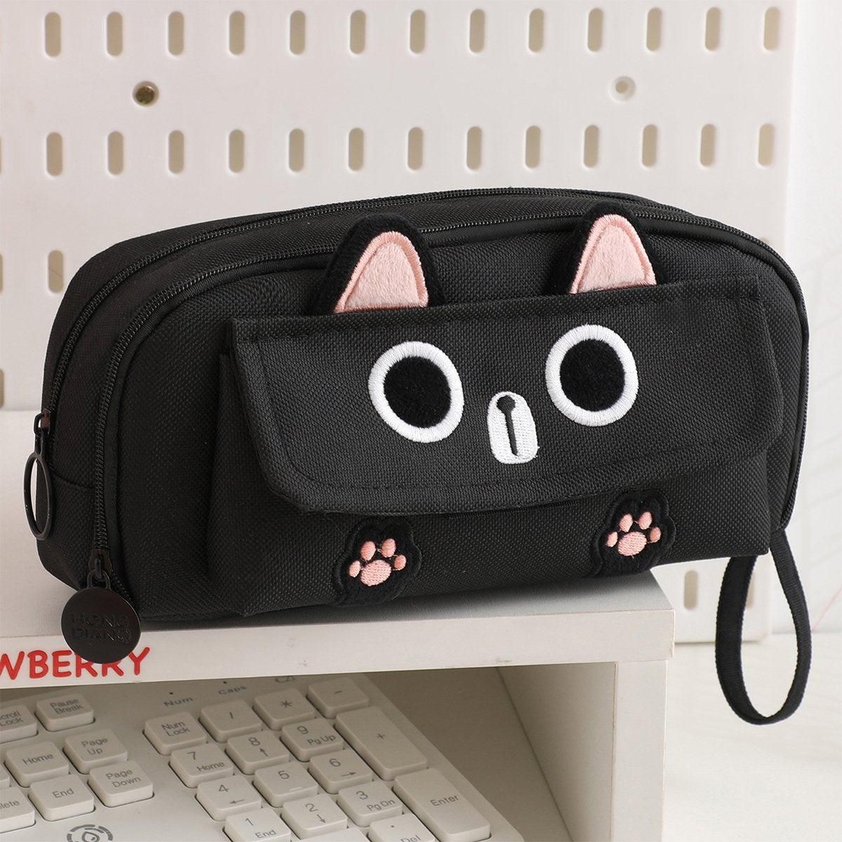 Pink embroidered multifunction pencil case for kids, large capacity pen and pencil storage, ideal for boys and girls.