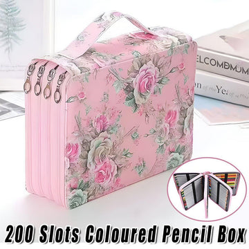 Large pink pencil case with 200 slots, designed for students, featuring a rose foundation pattern, by Everything Baby.
