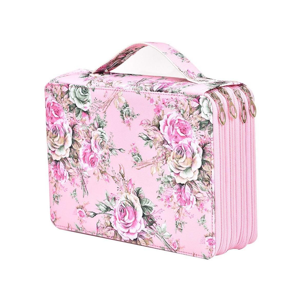 Large capacity pink pencil case with 200 slots, designed for students, by Everything Baby, featuring a rose foundation pattern.