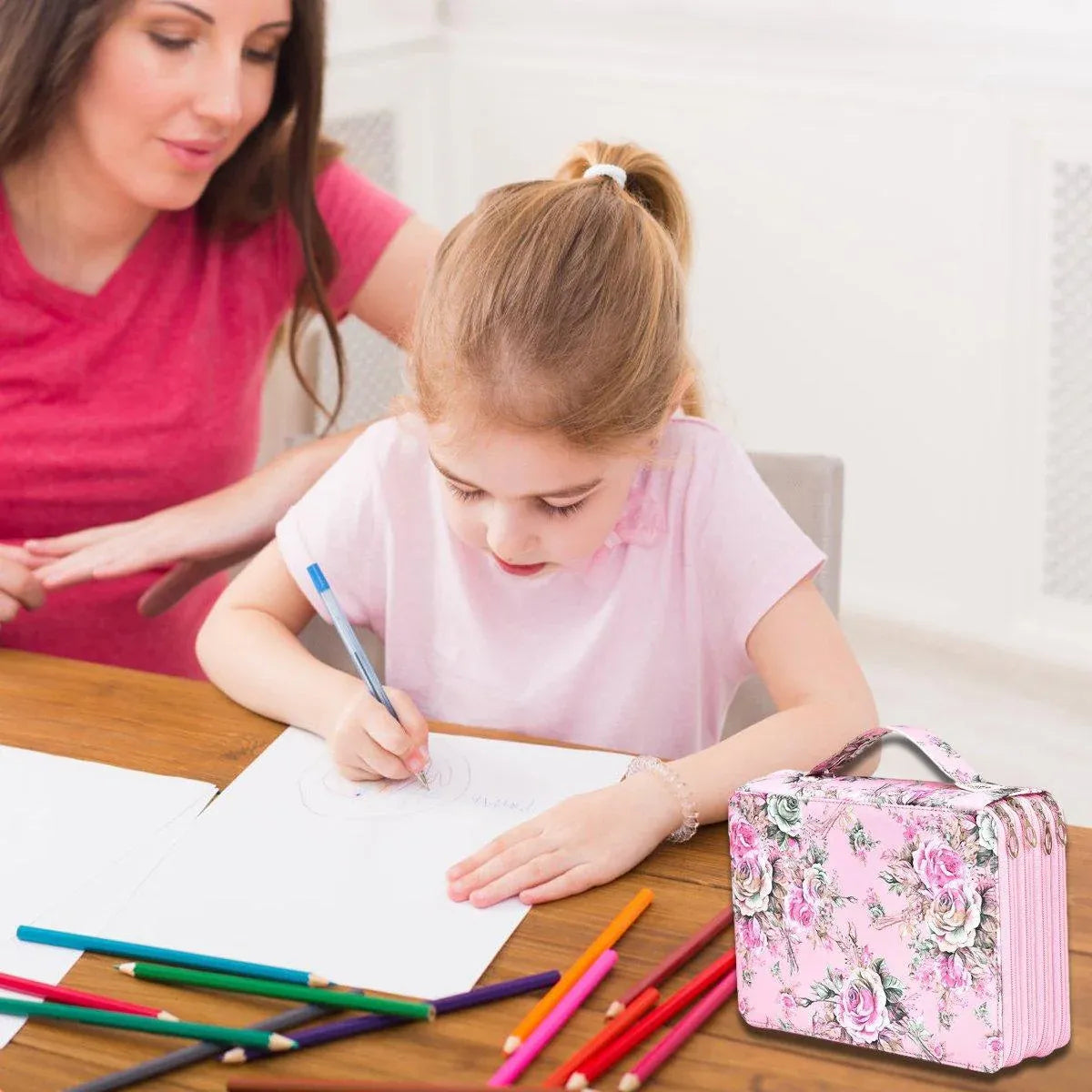 Large capacity pink pencil case with 200 slots from Everything Baby, designed for kids' stationery organization.