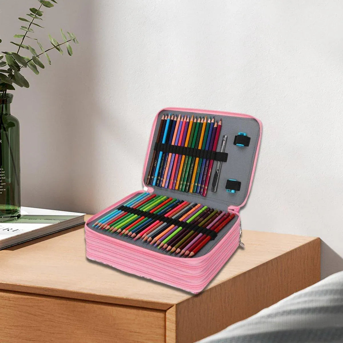 Large capacity pink pencil case with 200 slots, ideal for kids, from Everything Baby, featuring a rose design for stationery storage.