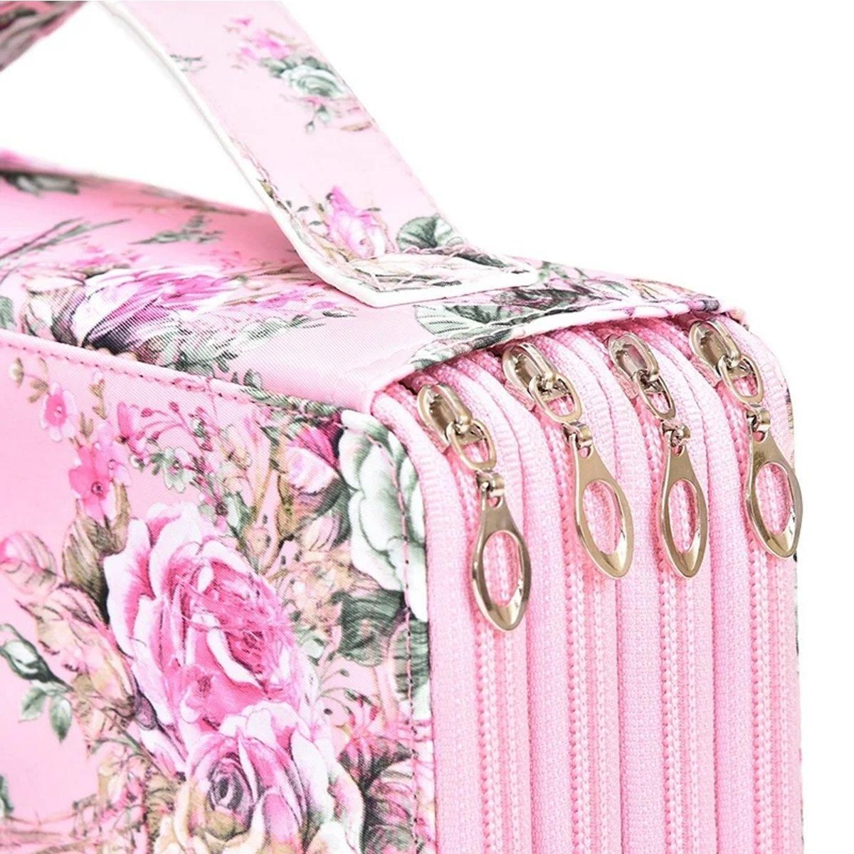 Large capacity pink pencil case with 200 slots, ideal for students and kids, from Everything Baby, featuring a rose design.