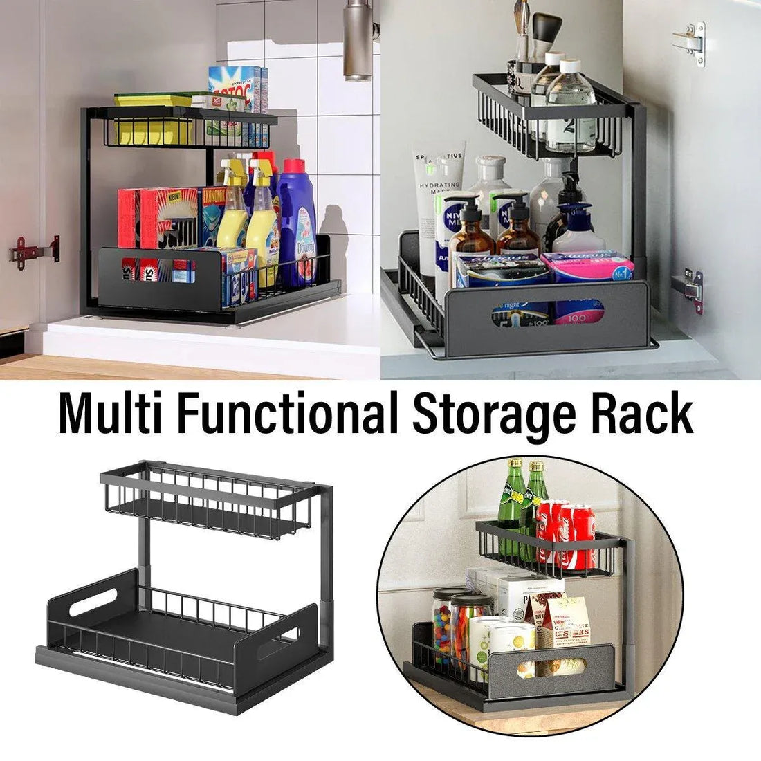 Black removable kitchen cabinet sink storage rack with drawer baskets, ideal for organizing baby and kids’ toy storage.