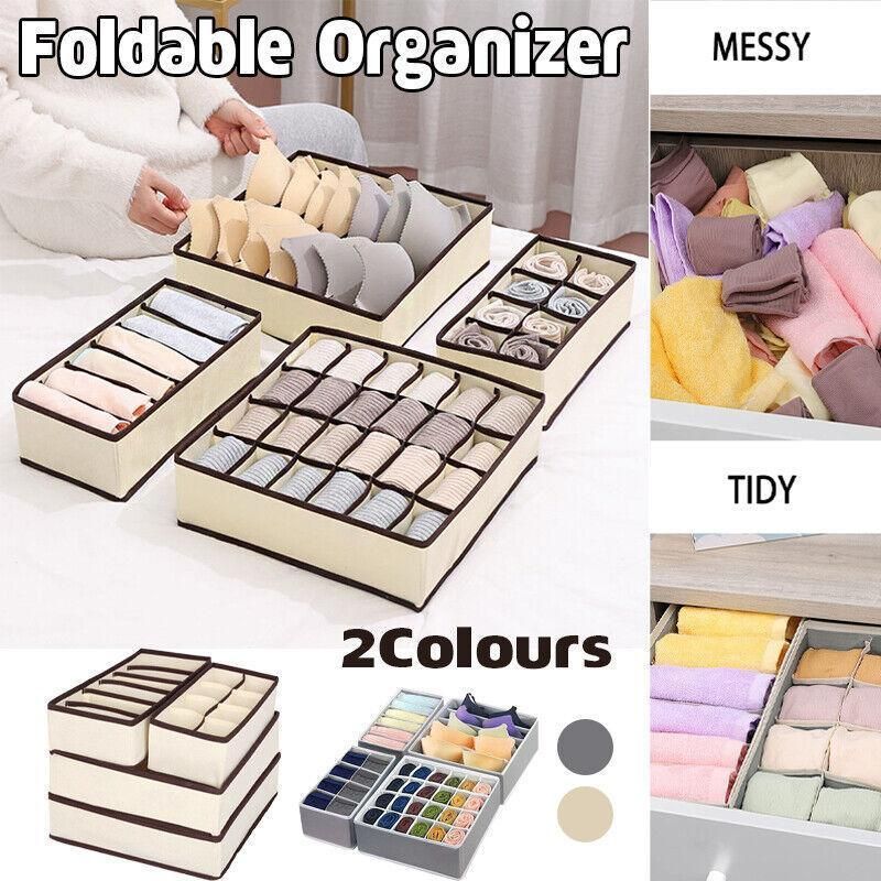 Set of four beige foldable drawer organizers for bras and underwear, ideal for kids' toy and clothing storage.