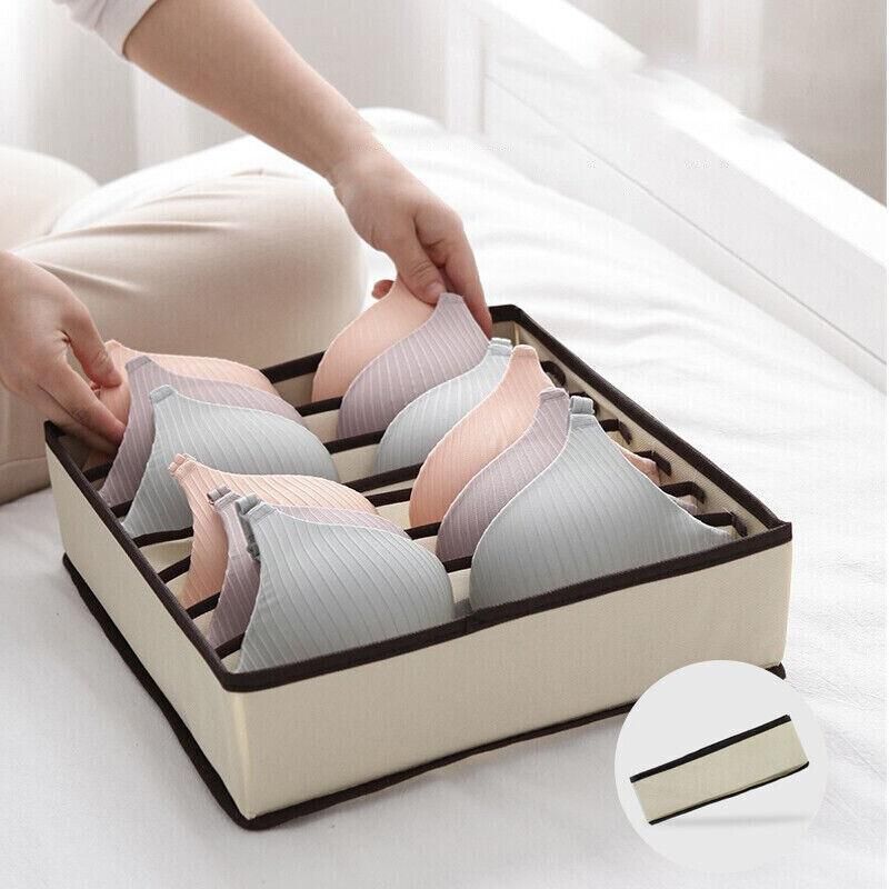 Beige foldable drawer organizer set for bras and underwear, 4-piece storage box dividers for kids' toy and clothing organization.