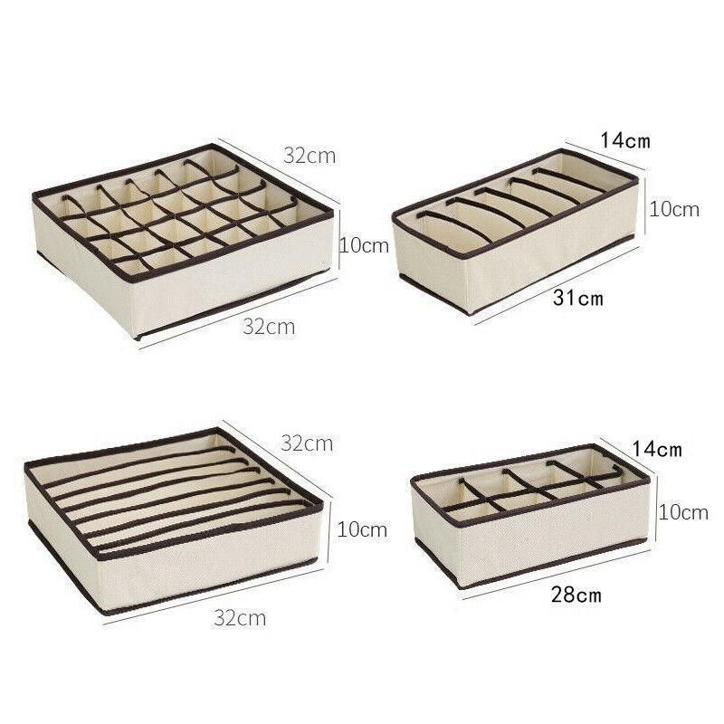 Beige foldable drawer organizer set with dividers for bras and underwear, ideal for kid's toy box or closet storage.
