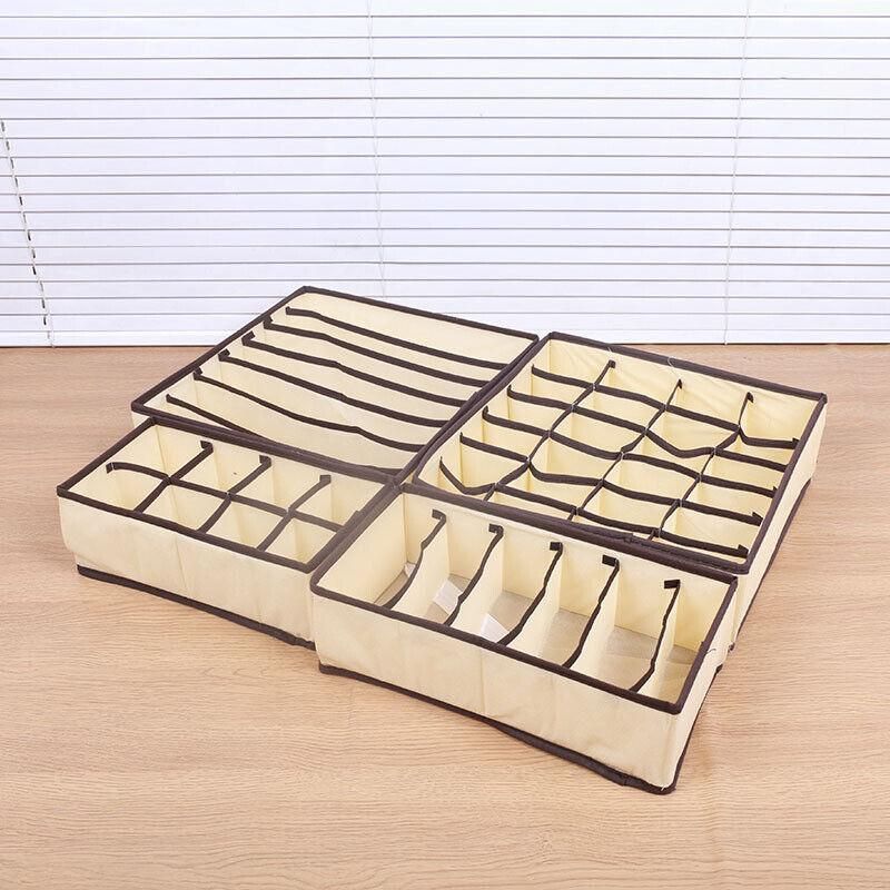 Beige foldable drawer organizer set for bras and underwear, 4-piece storage box dividers in a kid's toy storage context.