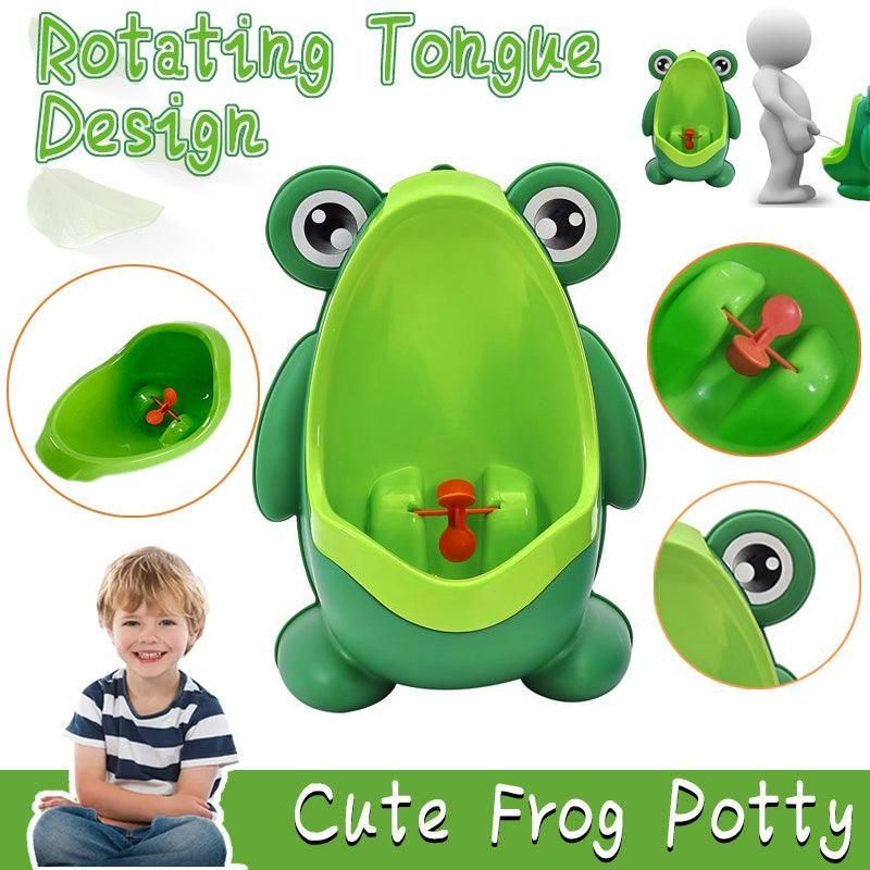 Green frog-shaped baby potty training urinal for boys, designed for toddler bathroom training and hygiene.