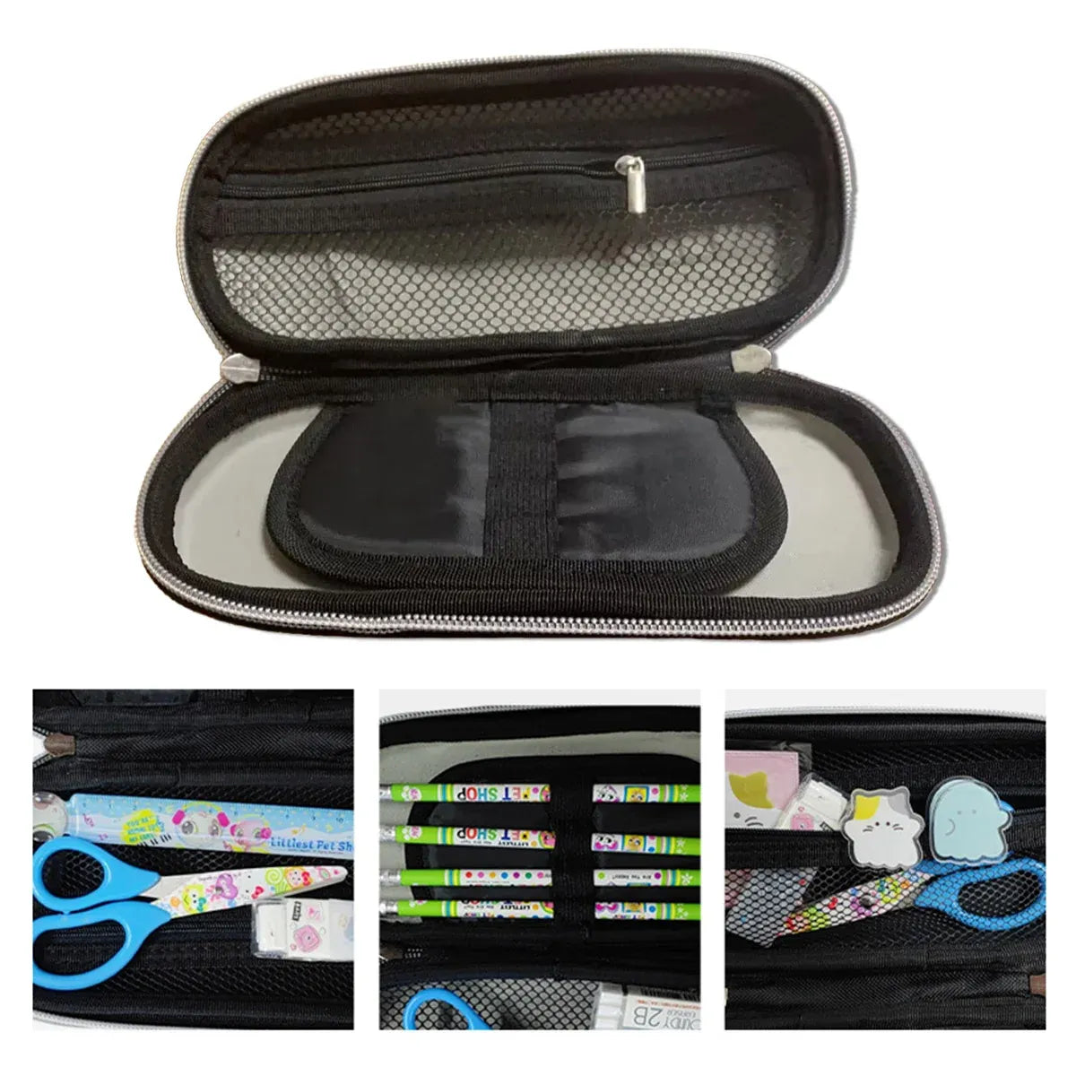 Large blue stationery box by Everything Baby, three-layer multifunctional pencil case for kids, with compartments for pens and supplies.