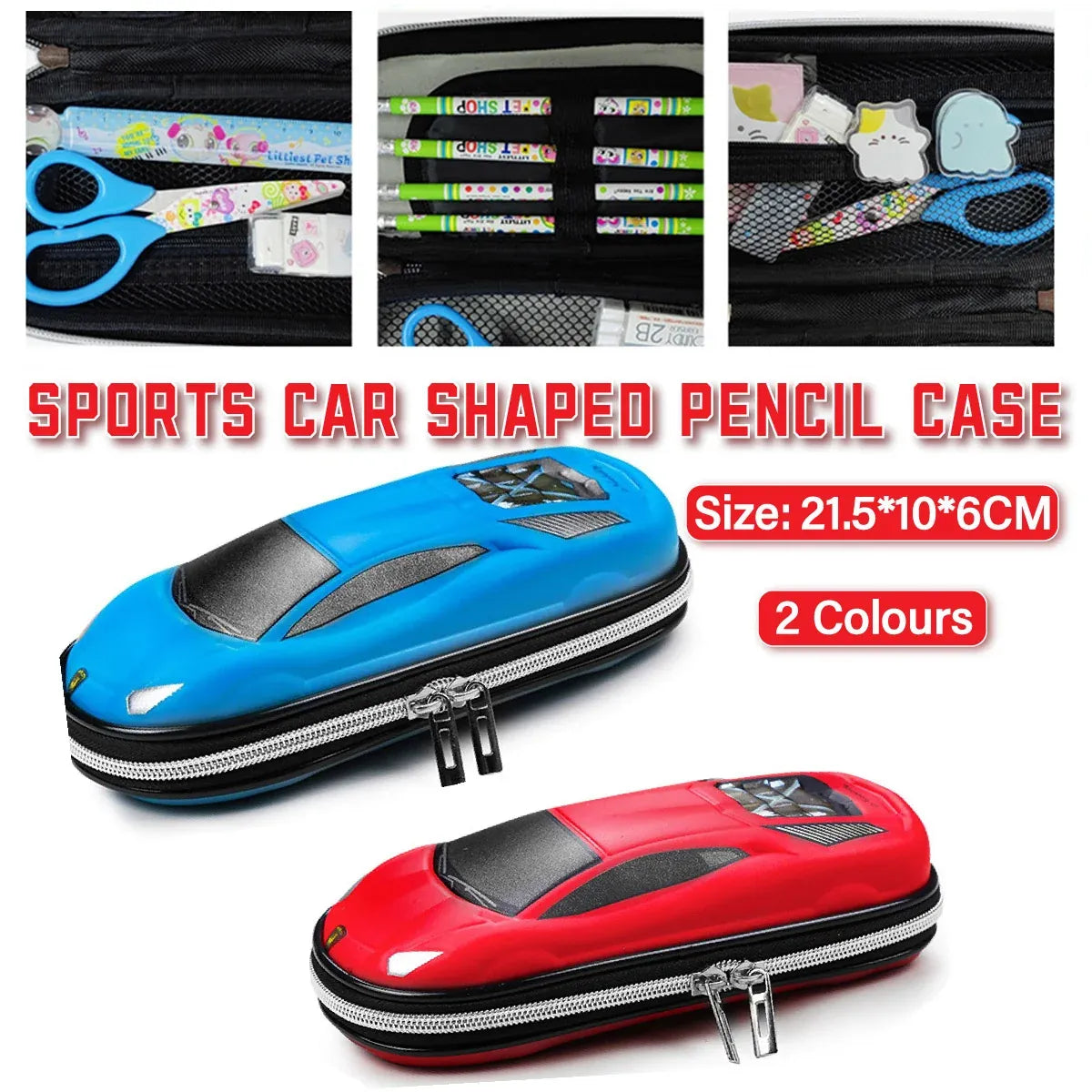Red three-layer stationery box by Everything Baby, multifunctional pencil case with large capacity for kids' pens and supplies.