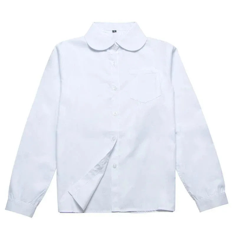 White girls' long sleeve school shirt with Peter Pan collar and adjustable cuff, by Everything Baby, in size M.