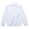 White girls' long sleeve school shirt with Peter Pan collar and adjustable cuff, by Everything Baby, in size M.