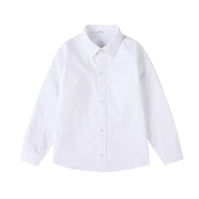 White girls' long sleeve school shirt with Peter Pan collar, adjustable cuff, by Everything Baby, suitable for kids.