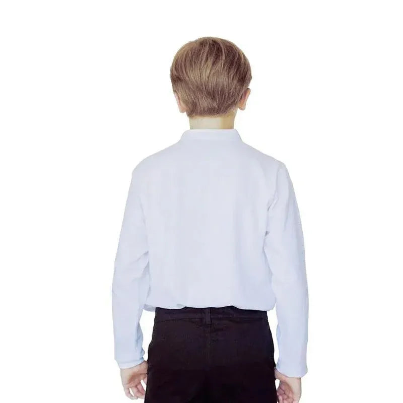 White girls' long sleeve school shirt by Everything Baby with Peter Pan collar and adjustable button cuffs, size M.