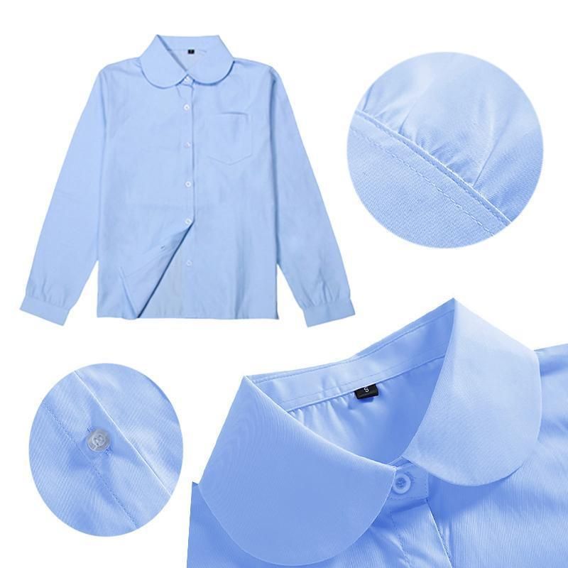 White girls' long sleeve school shirt with Peter Pan collar and adjustable cuffs from Everything Baby, size M.