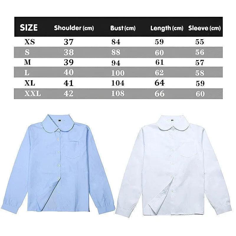 White girls' Peter Pan collar long sleeve school shirt with adjustable cuffs, size 2XL, from Everything Baby.