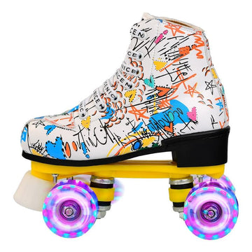 Double Row Four-wheel Roller Skating Shoes for Adult Children - Size 36 - Flash Wheel White