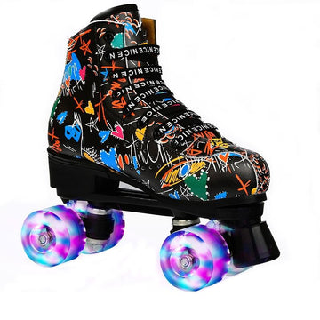 Double Row Four-wheel Roller Skating Shoes for Adult Children - Size 35 - Flash Wheel Black