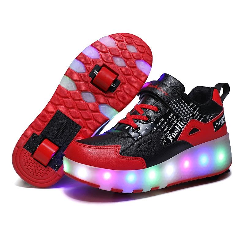 27 Rechargeable Light Skating Shoes for Kids with Two Wheels - Black And Red