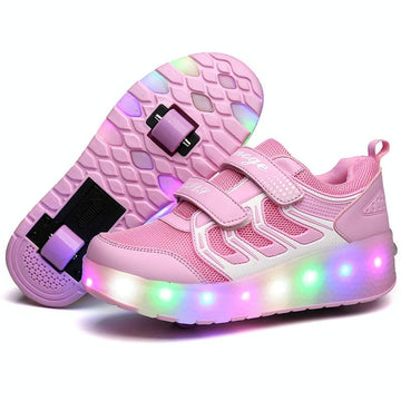 Rechargeable Double Wheel Roller Skating Shoes - Ultra Light Mesh - Size 31 - Pink
