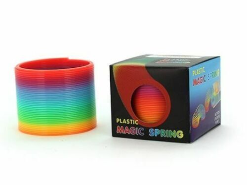 Rainbow color neon magic spring slinky toy for kids, featuring vibrant psychedelic colors and flexible activity fun.
