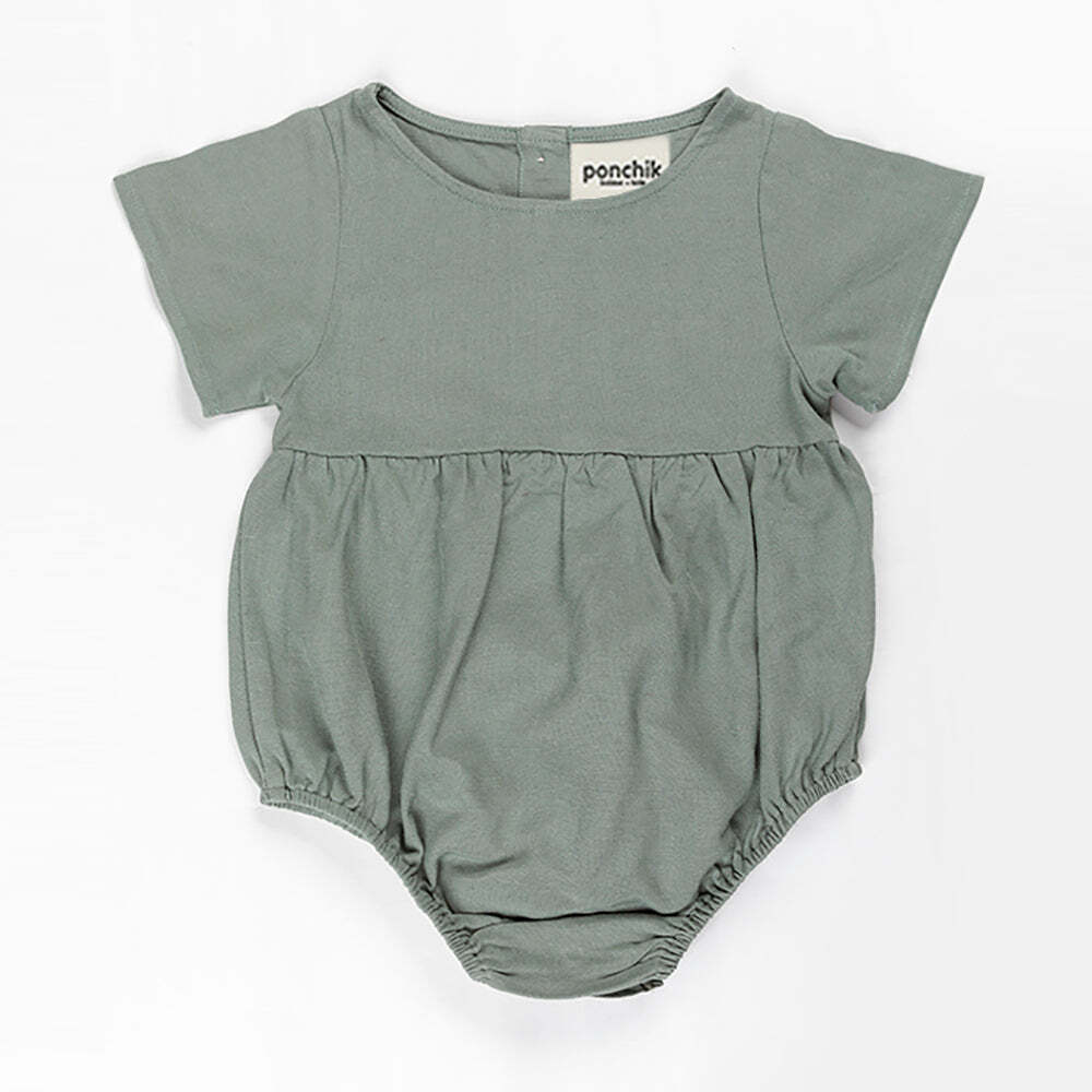 Linen romper for babies and kids in artichoke green by Everything Baby, size 2 years, soft and comfortable toddler clothing.