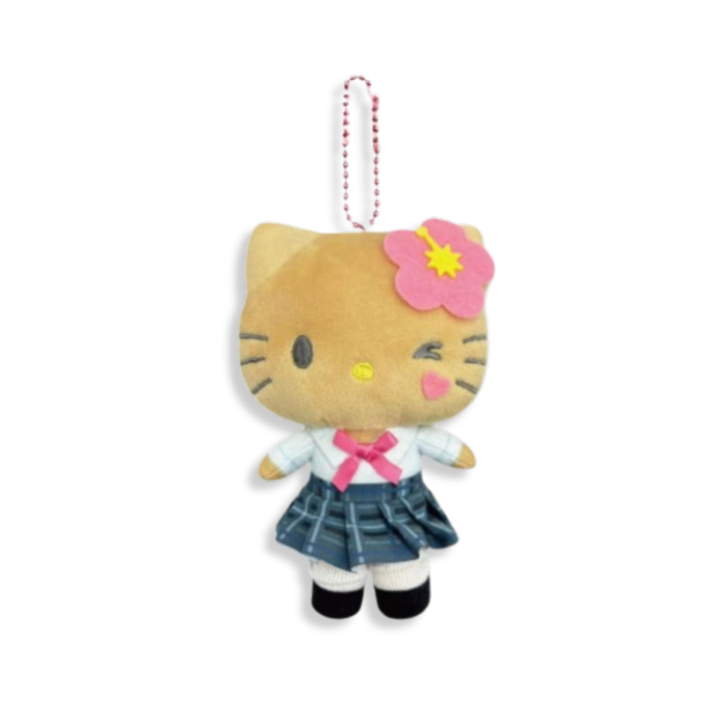 Hello Kitty plush mascot keychain from Everything Baby, featuring a tan uniform doll for kids' toys and accessories.