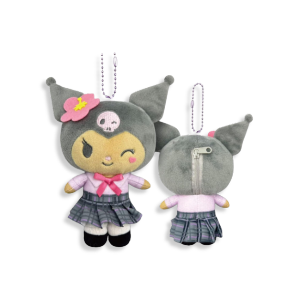 Sanrio Kuromi Tan uniform plush mascot keychain, soft toy figure for kids, featuring Kuromi character from Sanrio.