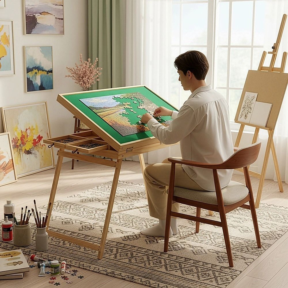 Portable baby and kids' jigsaw puzzle table with folding legs, ideal for activity toys and puzzle storage by Everything Baby.