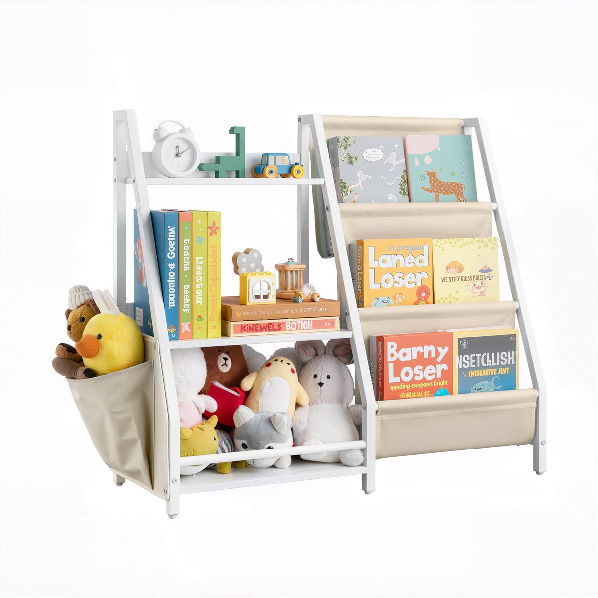 Everything Baby 3-tier kids bookshelf with sling book rack and storage bag, ideal for toddler's nursery or playroom.