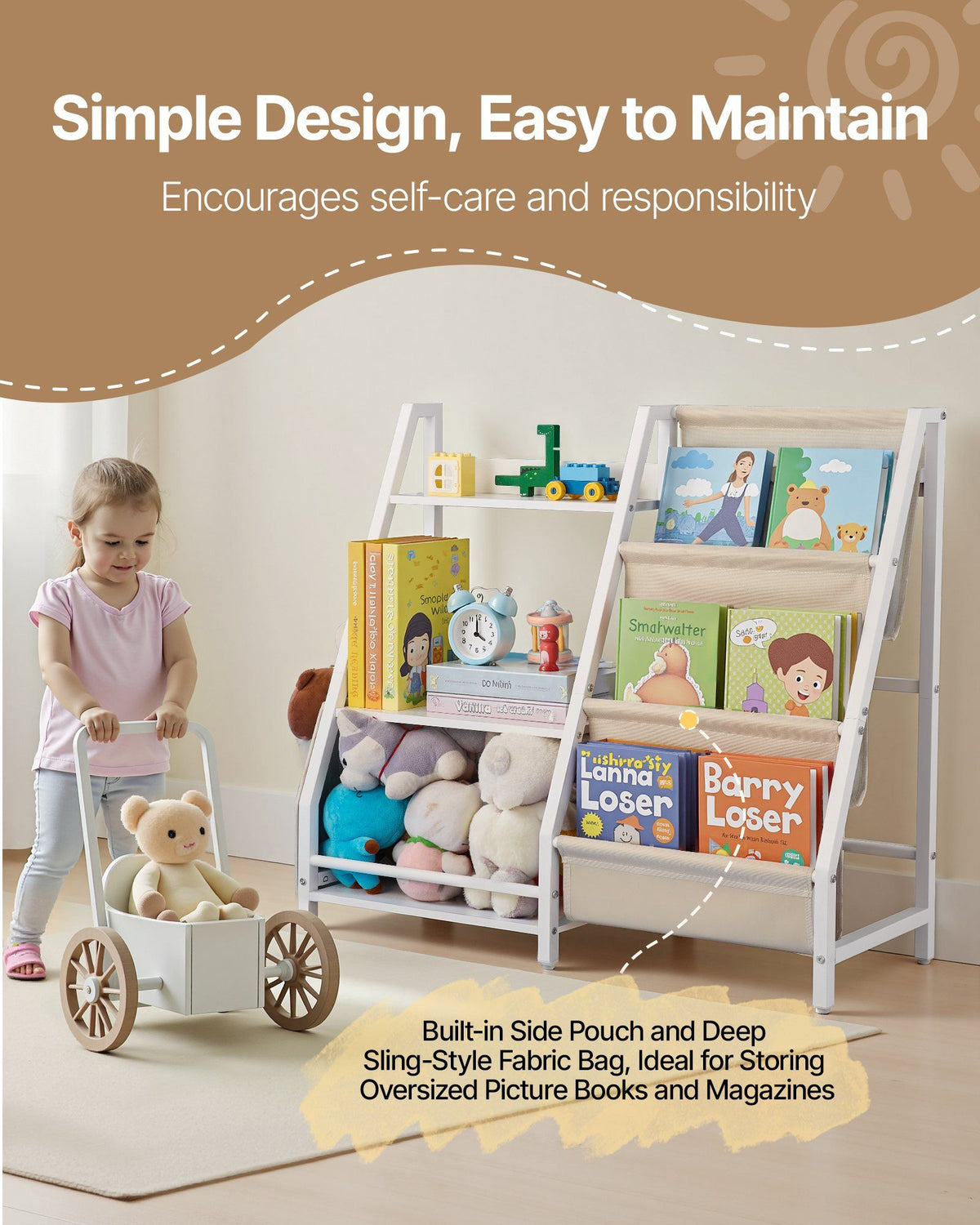 Three-tier kids bookshelf and toy organizer by Everything Baby with sling book rack and storage bag for nursery or playroom.