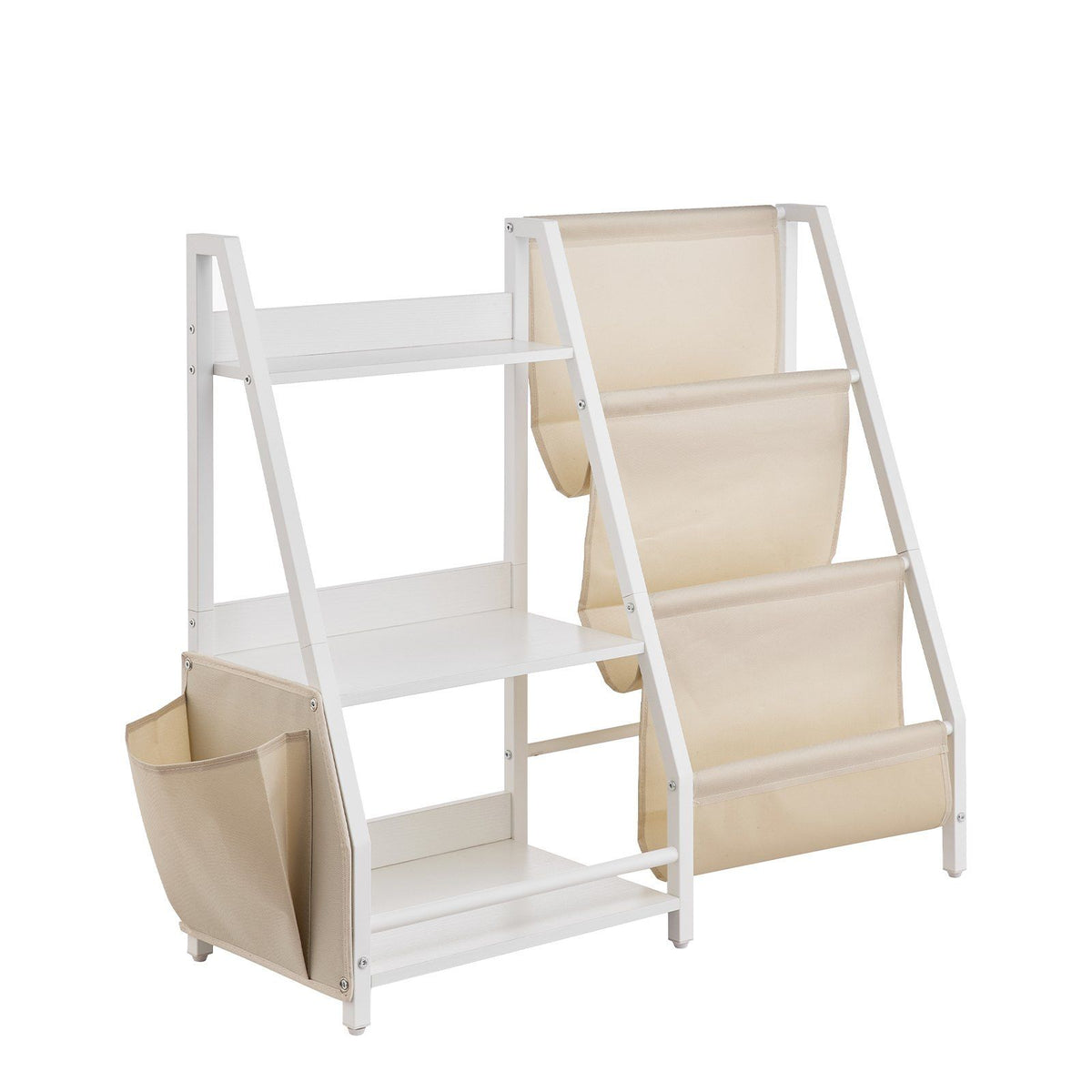 Three-tier kids bookshelf and toy storage organizer with sling book rack and storage bag in a colorful kids' room setting.