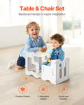 White Montessori 3-in-1 wooden toddler table and chair set with chalkboard, ideal for reading, eating, and play.