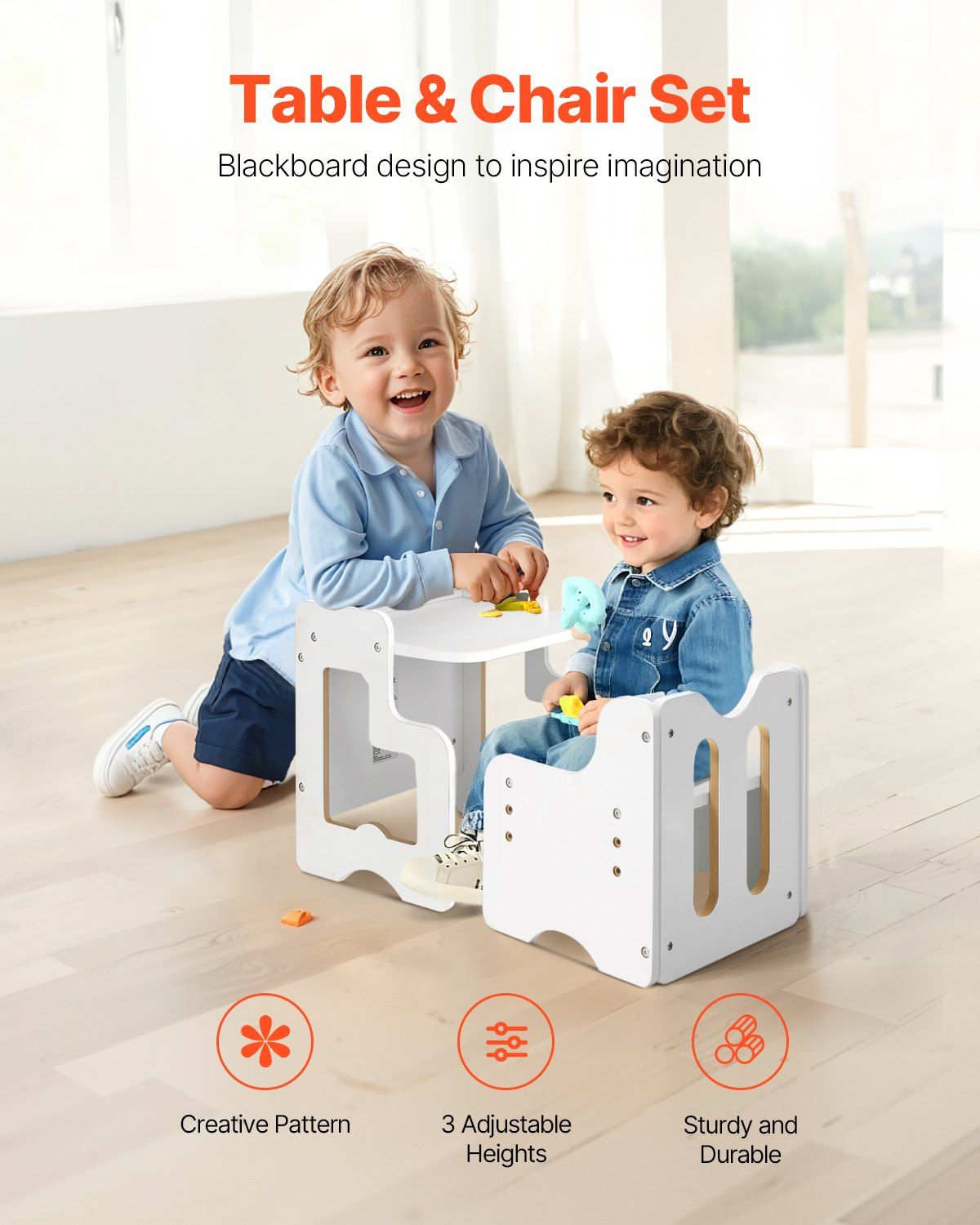 White Montessori 3-in-1 wooden toddler table and chair set with chalkboard, ideal for reading, eating, and play.