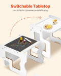 White Montessori weaning table and chair set for toddlers with chalkboard, perfect for reading and eating, made of wood.