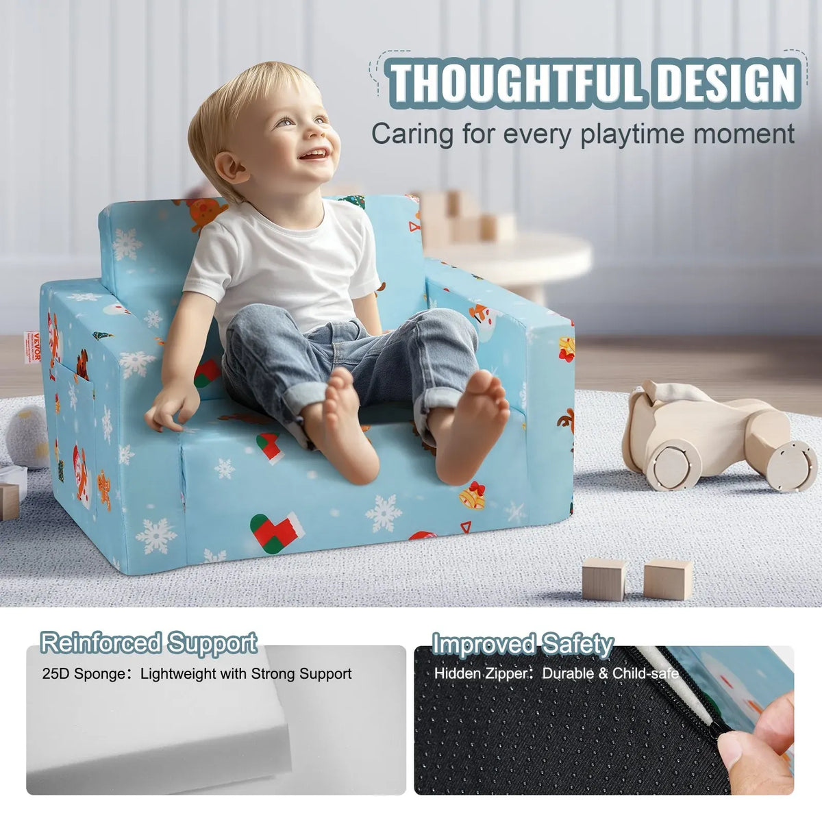 Sky blue 2-in-1 kids couch and toddler sofa bed from Everything Baby, convertible toddler chair and lounger for kids' room.