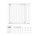 White baby gate from Everything Baby, 749-990mm wide and 762mm high, ideal for stairs and doorways, safety gate for kids and pets.